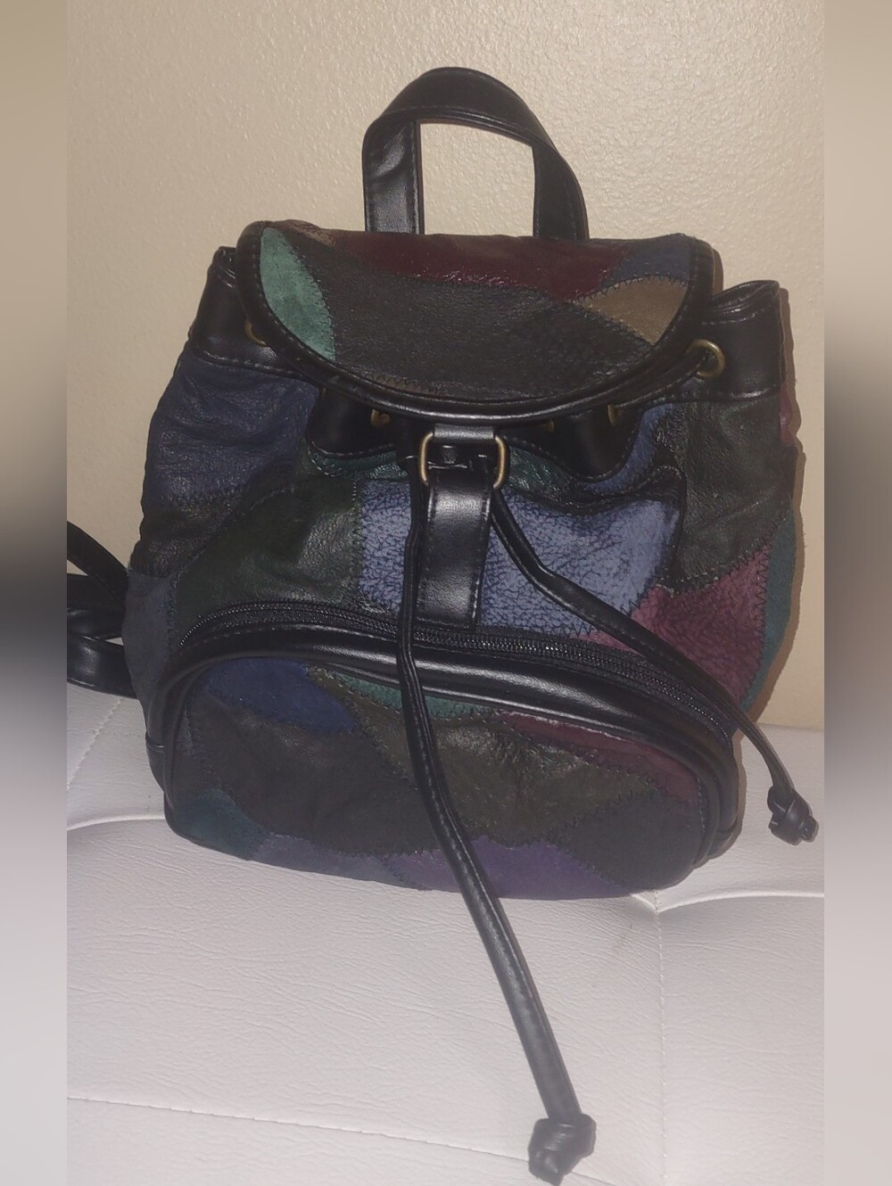 VTG 90s Multi Color Suede Leather Patchwork Mini Backpack Boho Grunge Drawstring